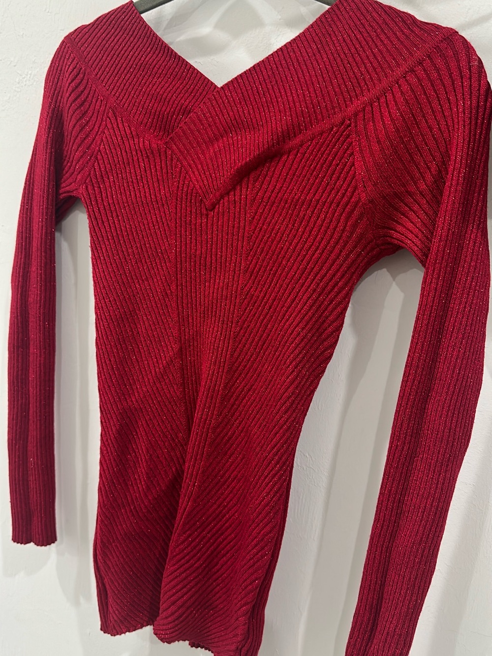 Candie's Burgundy Ribbed V-Neck Sweater with Metallic Thread